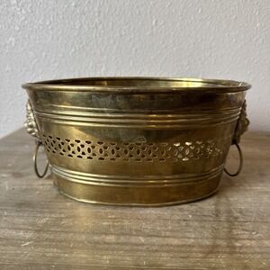 Vintage Large Double Lions Head Brass Oval Cottage 11" Grand Millennial Planter